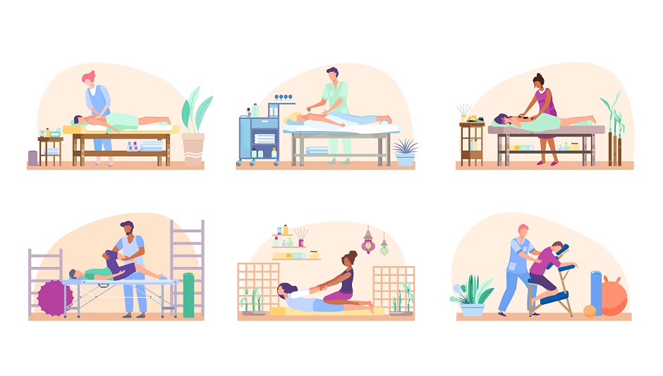 Massage people set, relaxing procedure in beauty salon or rehabilitation therapy, vector illustration